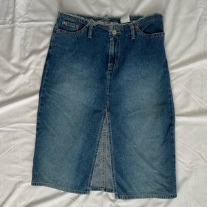 Vintage Paris Blues Denim Midi Skirt with frayed waist